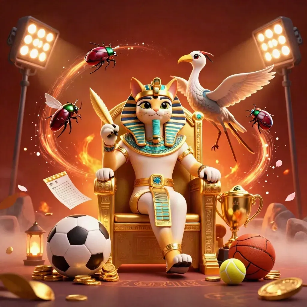 Pharaoh cat on golden throne with ibis scribe, scarabs, and casino lights.