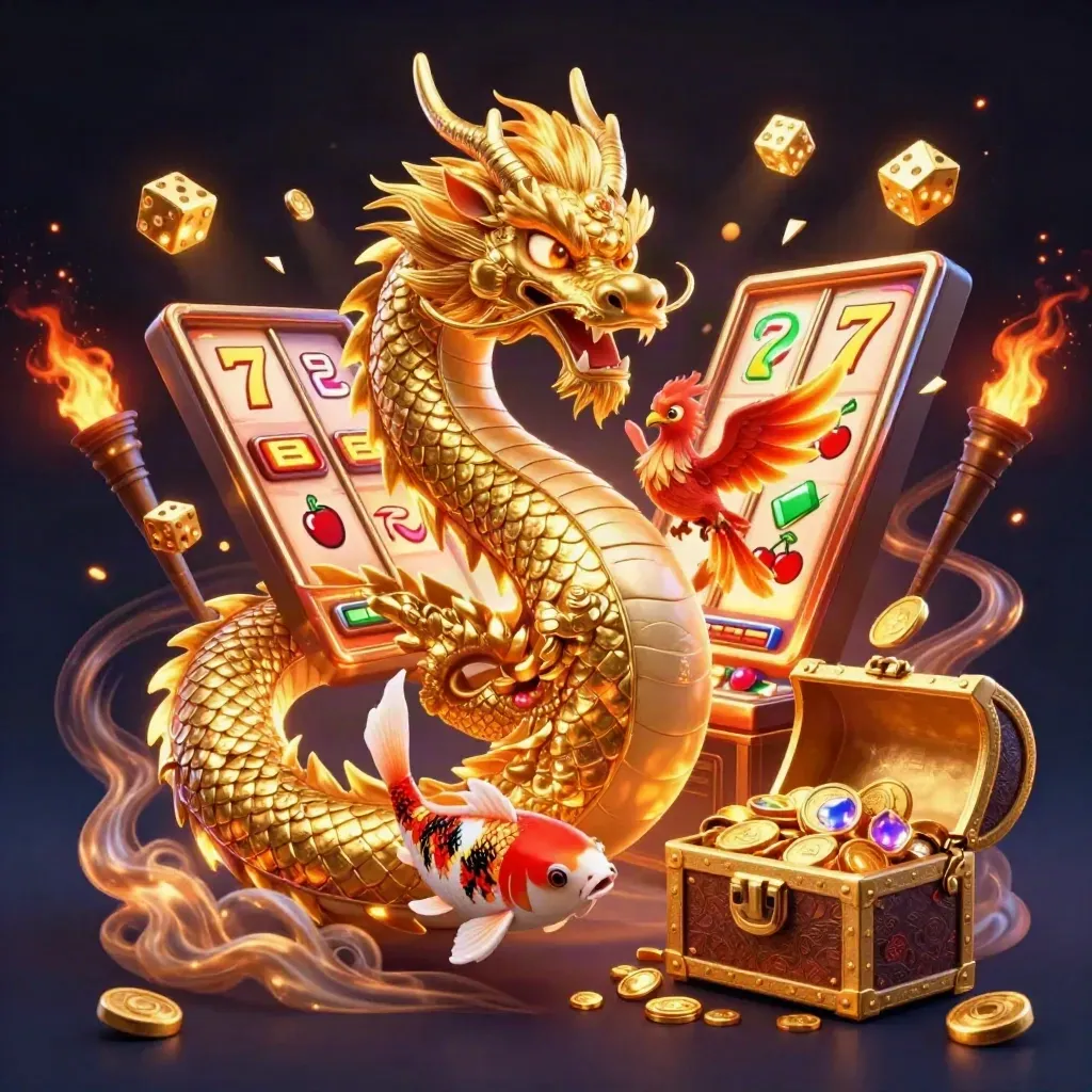 Golden dragon with phoenix and koi amid exploding slots, dice, gems, and jackpot glow