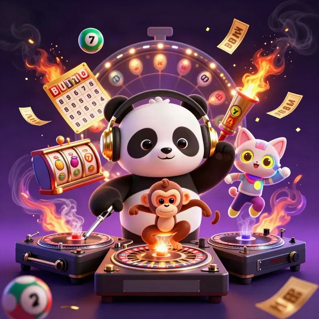 DJ panda, dancing monkey, and rave kitten amid casino bursts, sparks, and starry purple smoke.