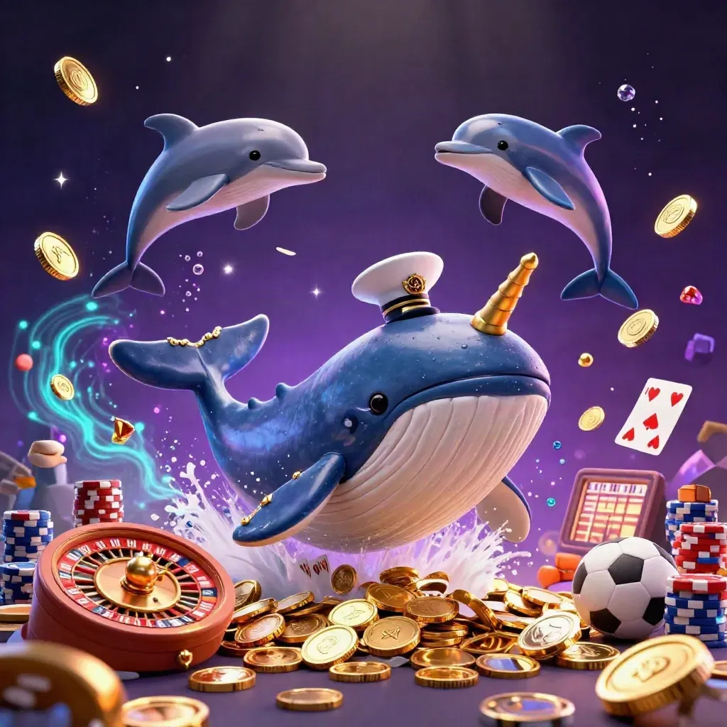 Cartoon whale captain, narwhal, dolphins, coins, chips, roulette wheel, cards, glowing casino burst