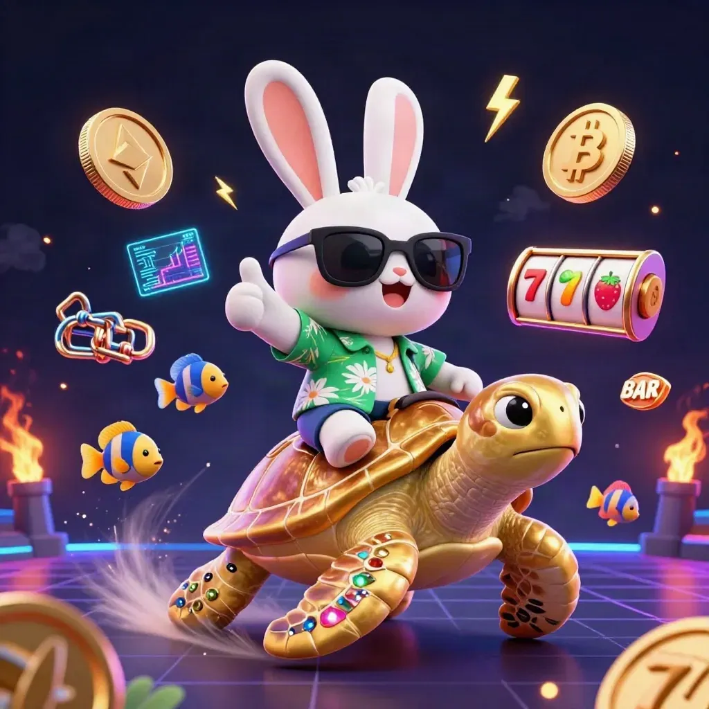 Lucky rabbit rides a golden sea turtle amid coins, fish, reels, and neon casino effects.